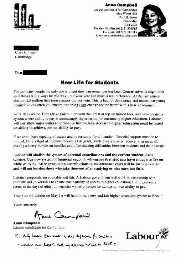 Letter from Anne Campbell MP to Cambridge students 
